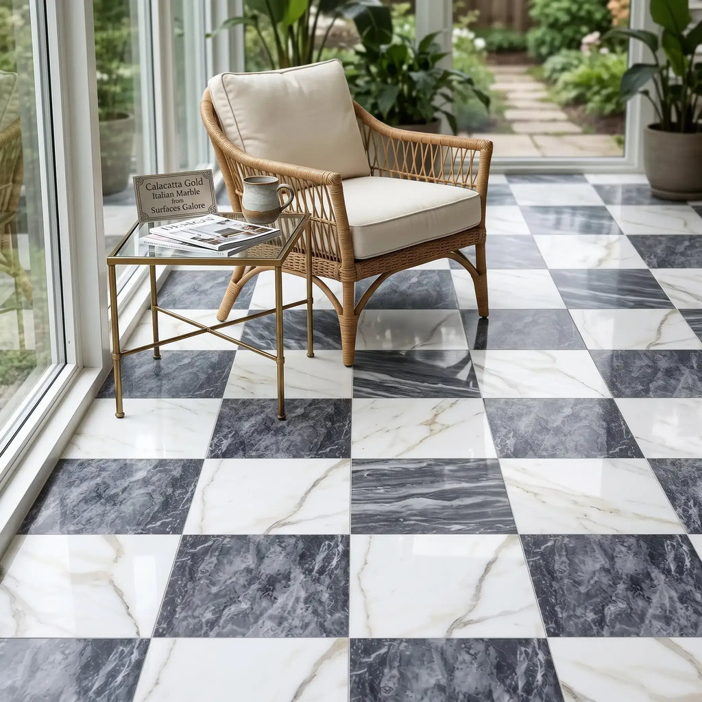 Wicker armchair with cream-colored cushions next to gold-finished side table on checkerboard bardiglio and calacatta gold marble floor