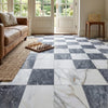 Checkerboard bardiglio and calacatta gold marble floor tiles 18x18 with alternating white and dark gray natural veining