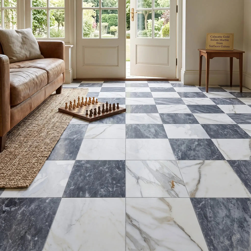 Checkerboard bardiglio and calacatta gold marble floor tiles 18x18 with alternating white and dark gray natural veining