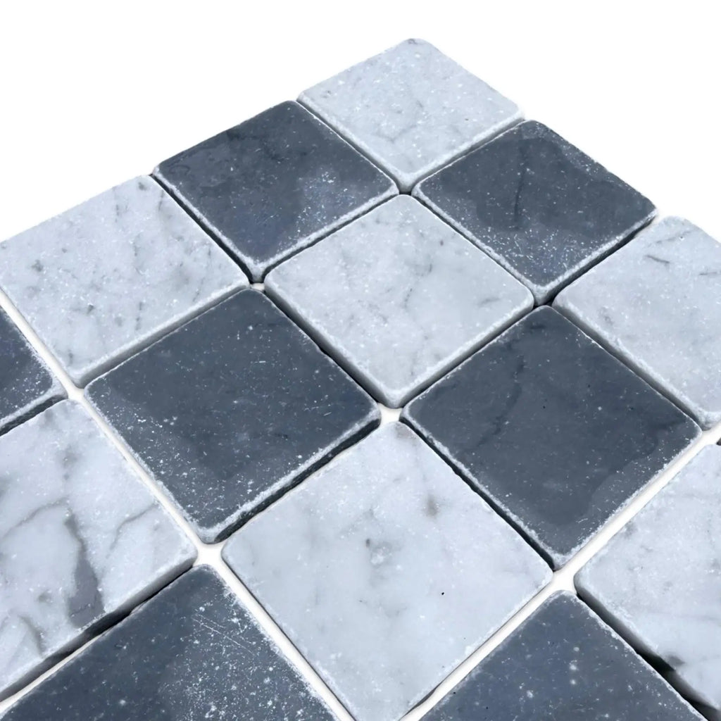 Black and white marble mosaic tiles for Checkerboard Bardiglio Carrara White 3x3 Tumbled flooring