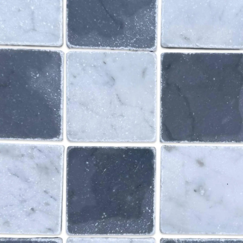 Checkerboard pattern of Grey Bardiglio and Carrara White 3x3 Tumbled marble tiles