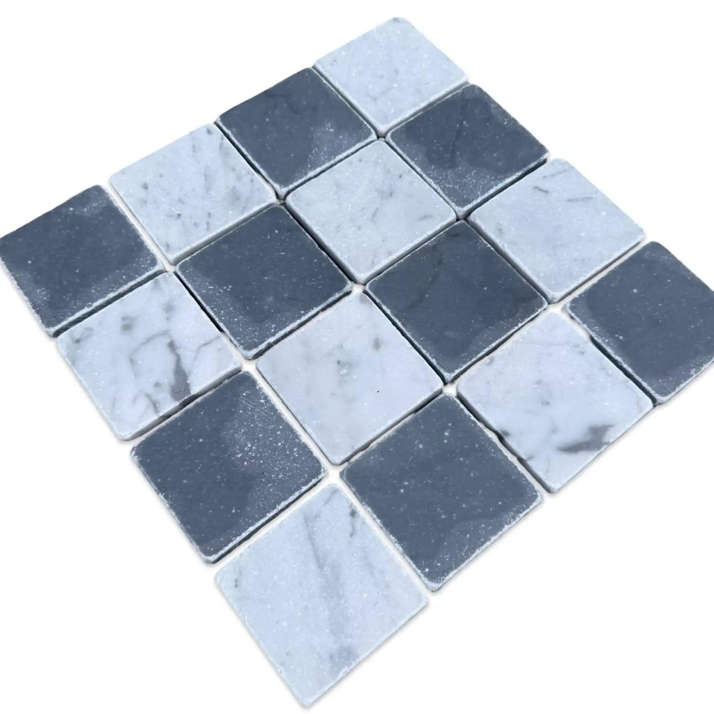 Checkerboard pattern mosaic tiles in black and white marble for Checkerboard Bardiglio Carrara White 3X3 Tumbled