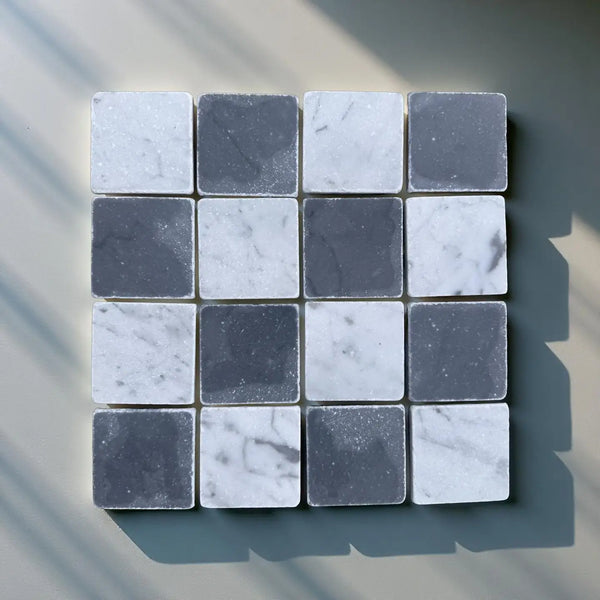 Checkerboard marble tile pattern with Bardiglio dark grey and Carrara White 3x3 Tumbled