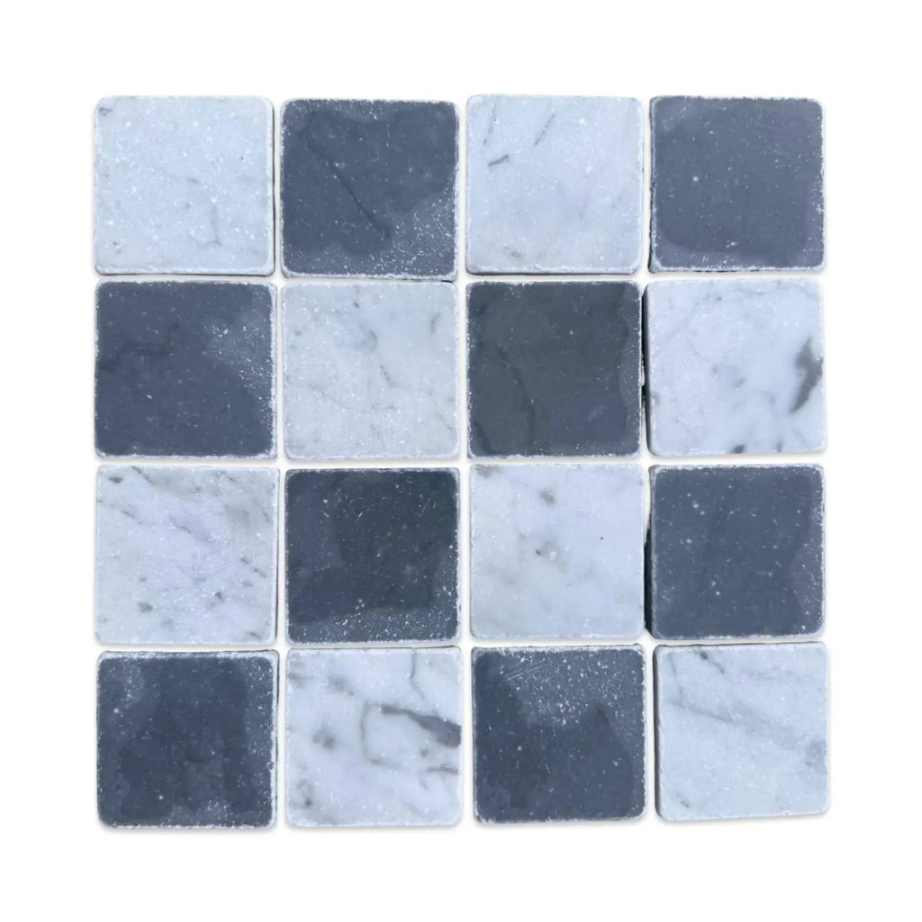Black and white checkered marble mosaic tiles for Checkerboard Bardiglio Carrara White 3X3 Tumbled