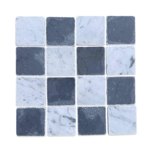 Checkerboard mosaic tile sheet with light grey Bardiglio and white Carrara marble squares