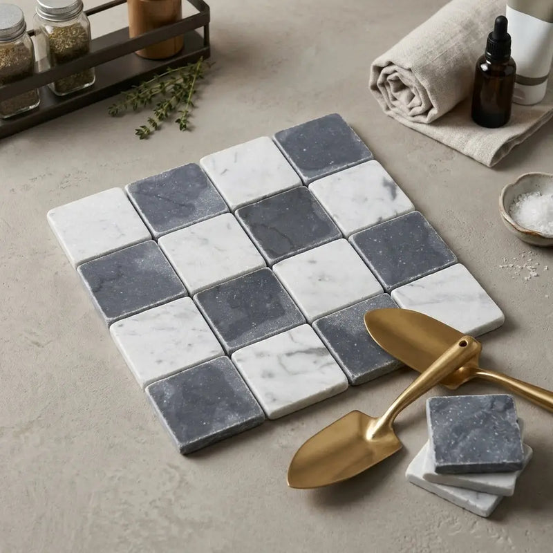 Square marble mosaic tiles in checkerboard bardiglio and carrara white with natural veining arranged on a neutral surface