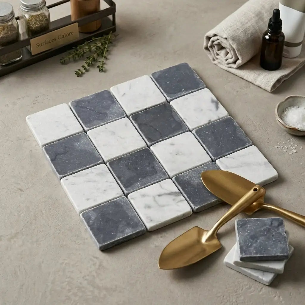 Square mosaic tiles in a checkerboard pattern of bardiglio gray and carrara white marble tumbled 3x3 inch squares