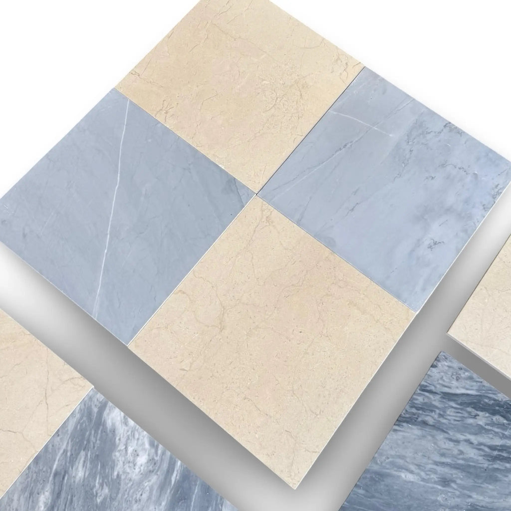 Alternating beige and blue marble tiles in Checkerboard Bardiglio and Crema Marfil 18x18 Set