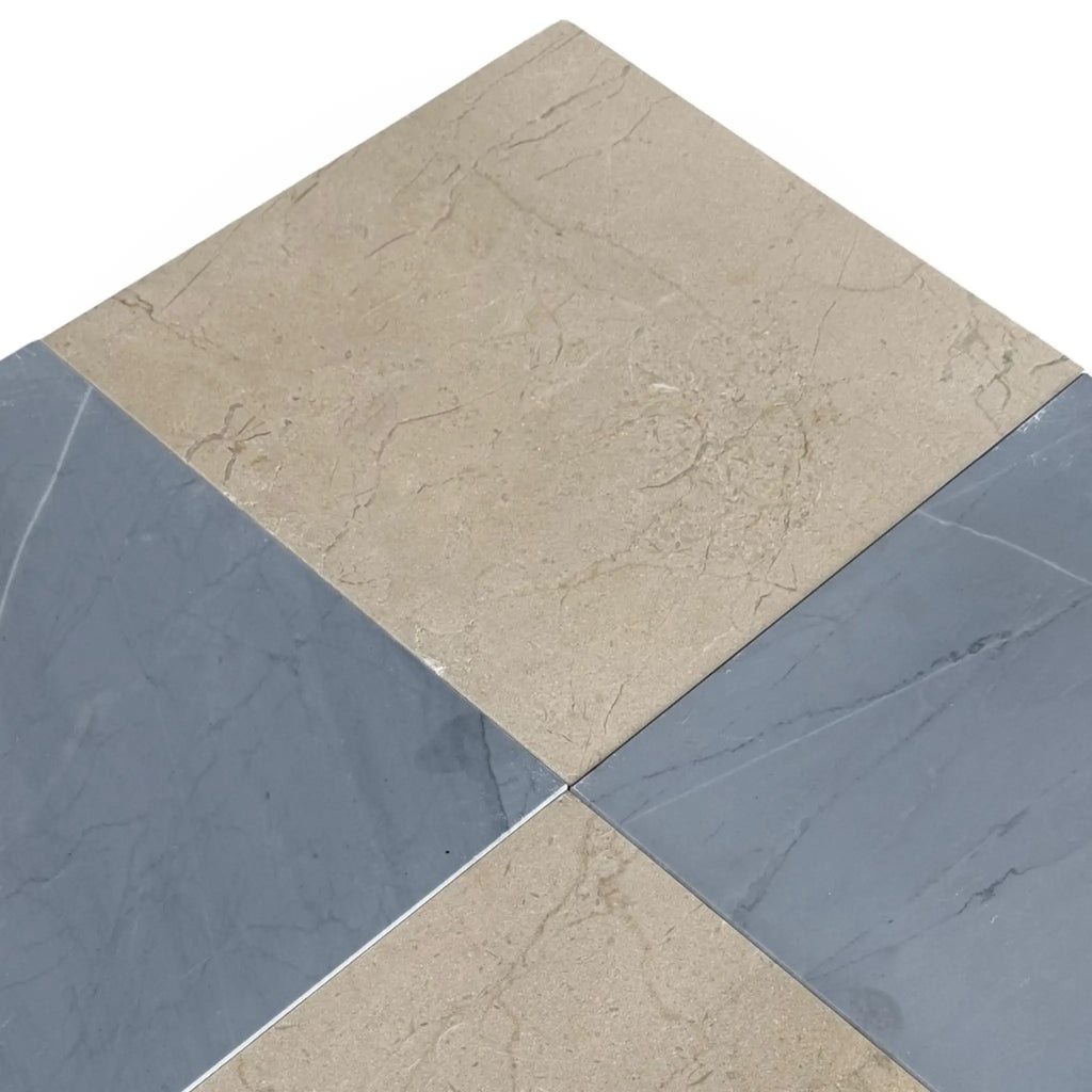Checkerboard Bardiglio and Crema Marfil 18x18 set with alternating beige and gray tiles