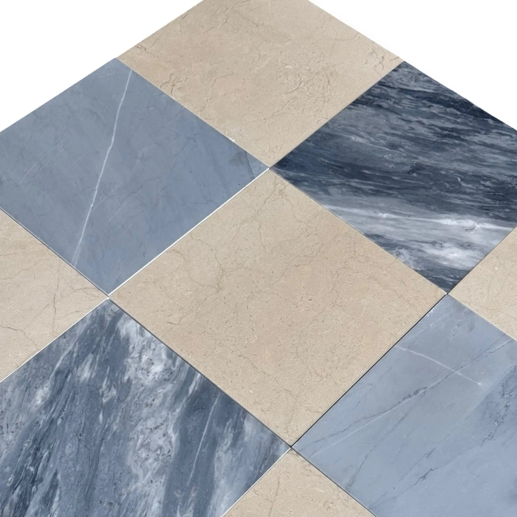 Diamond-patterned tile arrangement in Checkerboard Bardiglio and Crema Marfil 18X18 Set