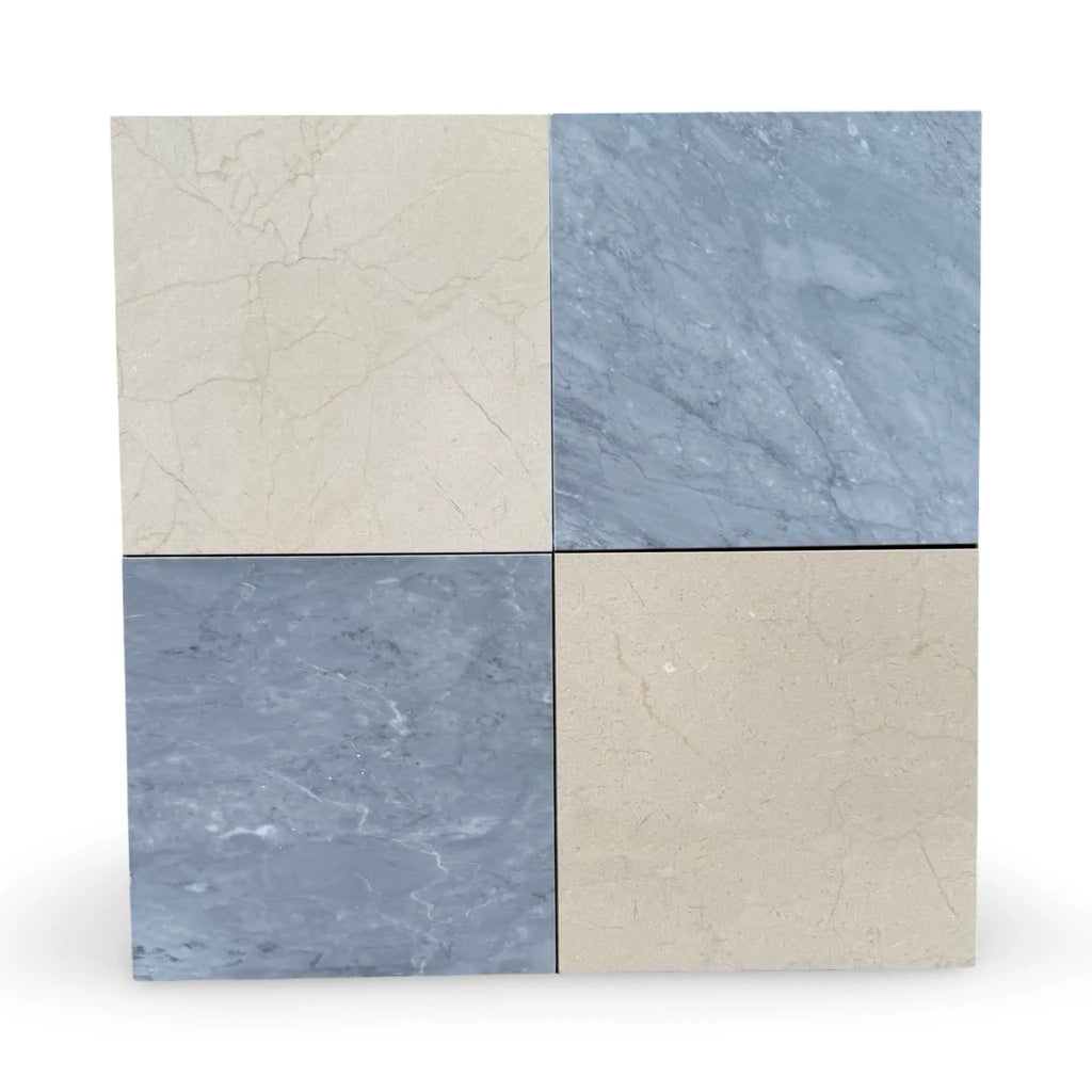 Four square marble tiles in Checkerboard Bardiglio and Crema Marfil 18x18 set