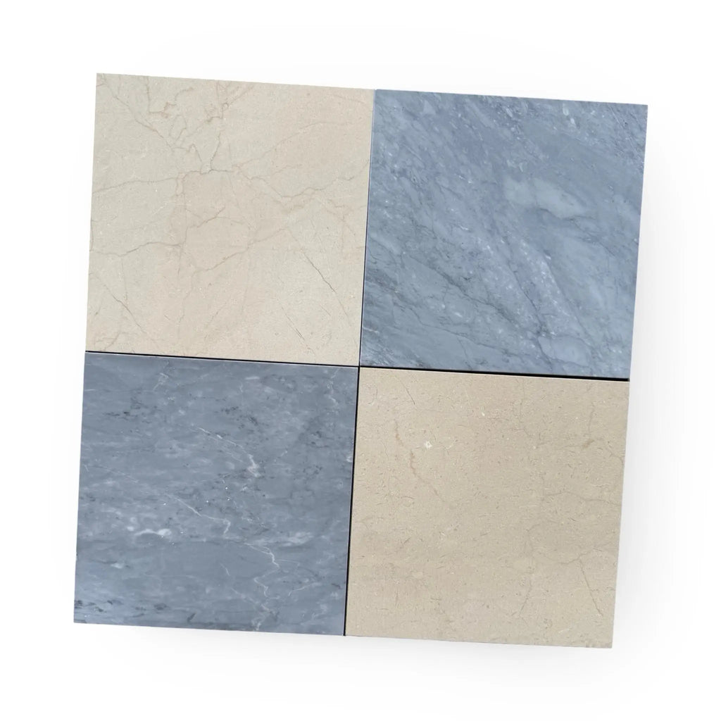 Four square stone tiles from the Checkerboard Bardiglio and Crema Marfil 18X18 Set