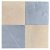 Four square tiles in beige and gray from Checkerboard Bardiglio and Crema Marfil Set