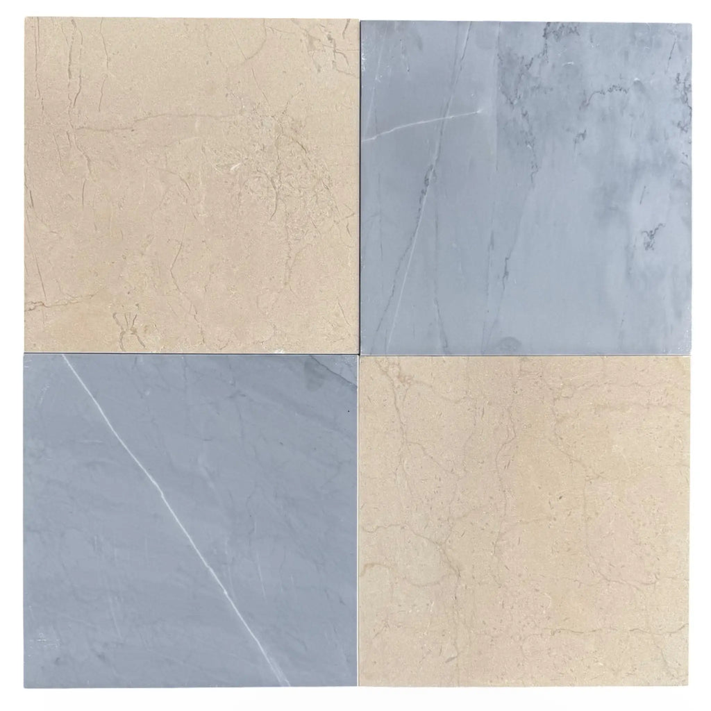 Four square tiles in beige and gray from Checkerboard Bardiglio and Crema Marfil Set