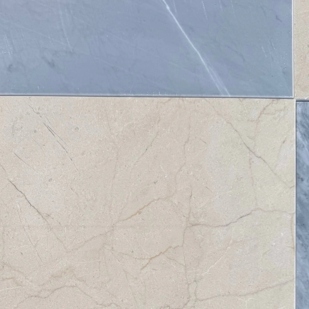 Marble tile arrangement featuring Checkerboard Bardiglio and Crema Marfil 18X18 Set