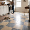 Checkerboard bardiglio and crema marfil 18x18 set kitchen floor tiles with alternating beige and dark gray marble pattern