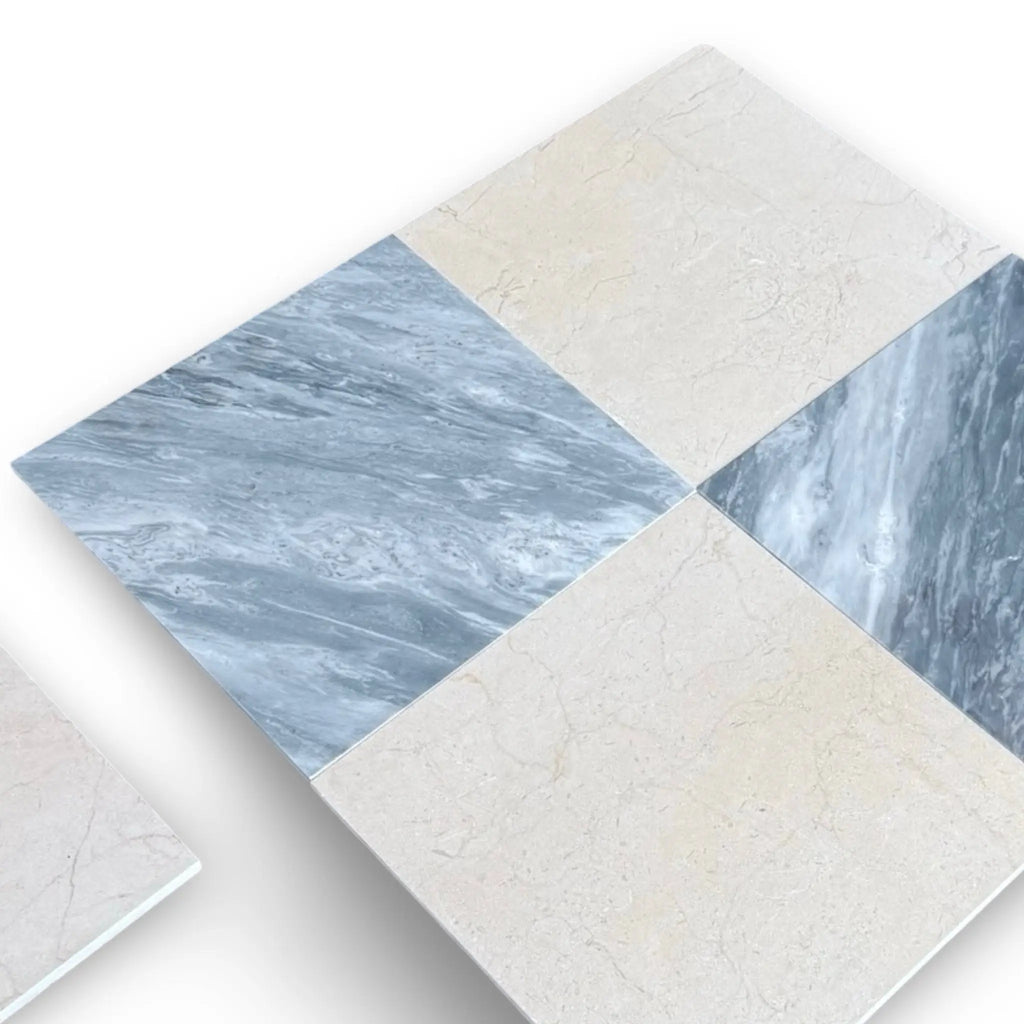 Square marble tile arrangement featuring Bardiglio and Crema Marfil for elegant flooring