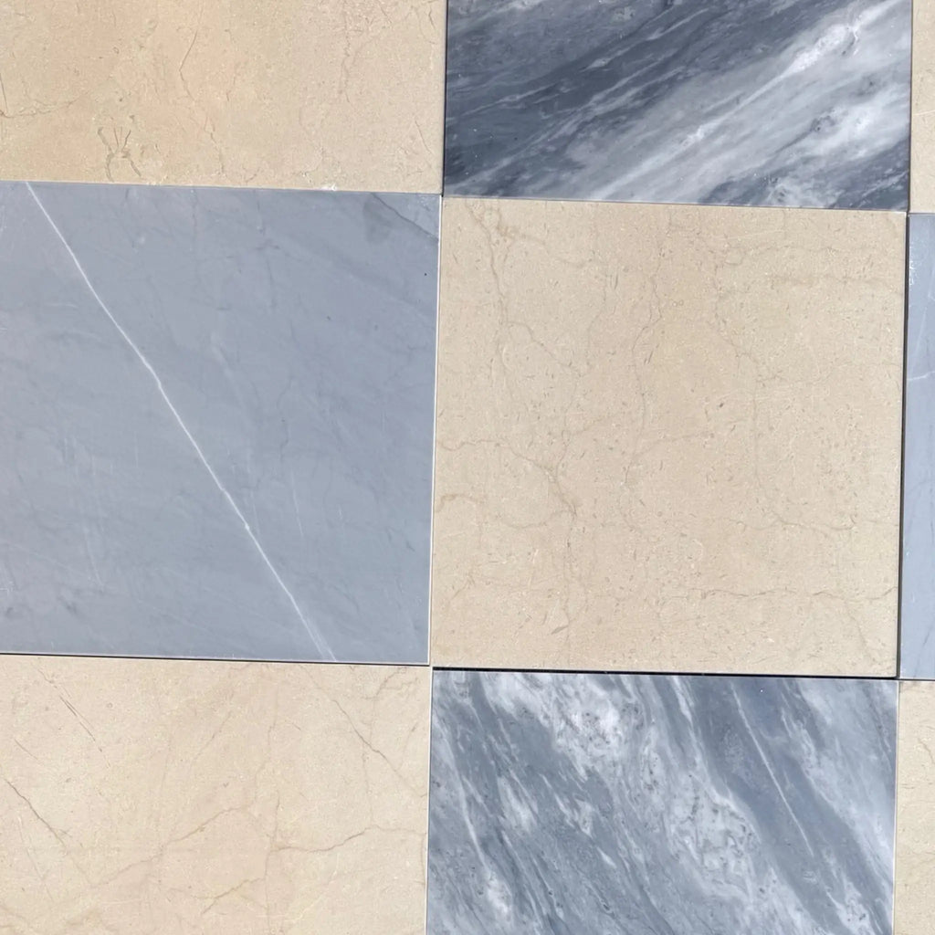 Square marble tiles in Checkerboard Bardiglio and Crema Marfil 18x18 Set for elegant flooring