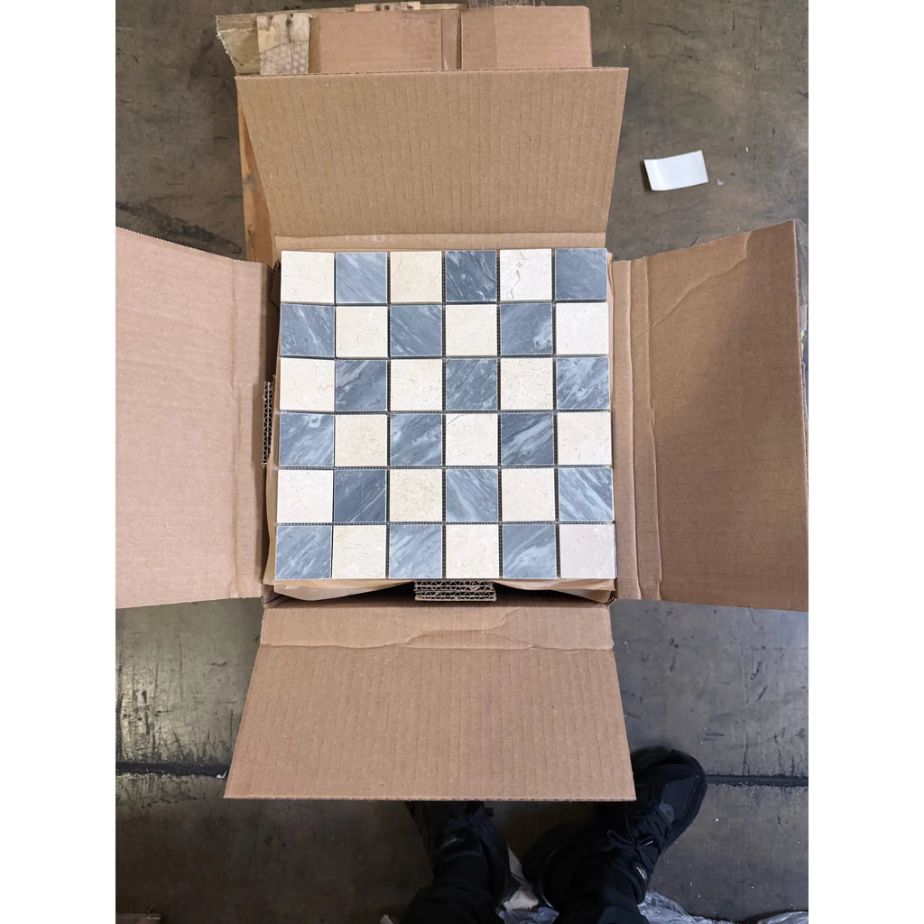 Blue and white Bardiglio Crema Marfil marble mosaic in checkerboard pattern