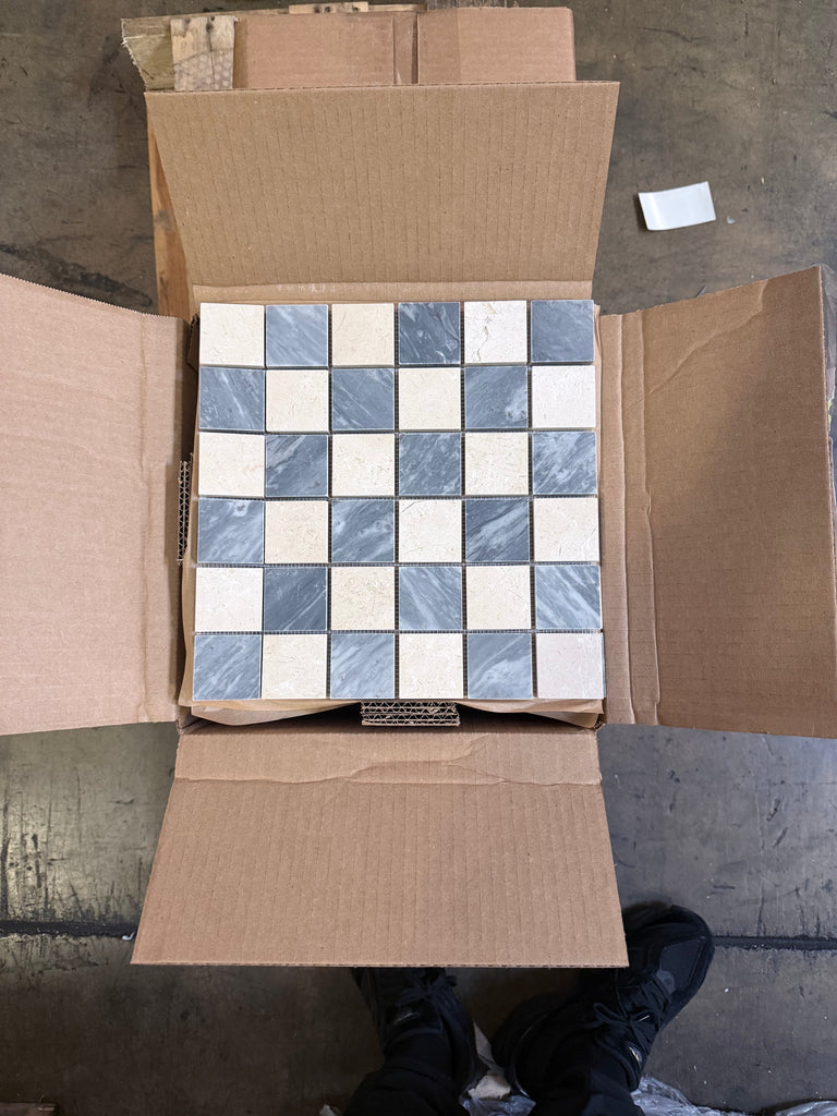 Blue and white Bardiglio Crema Marfil marble mosaic in checkerboard pattern