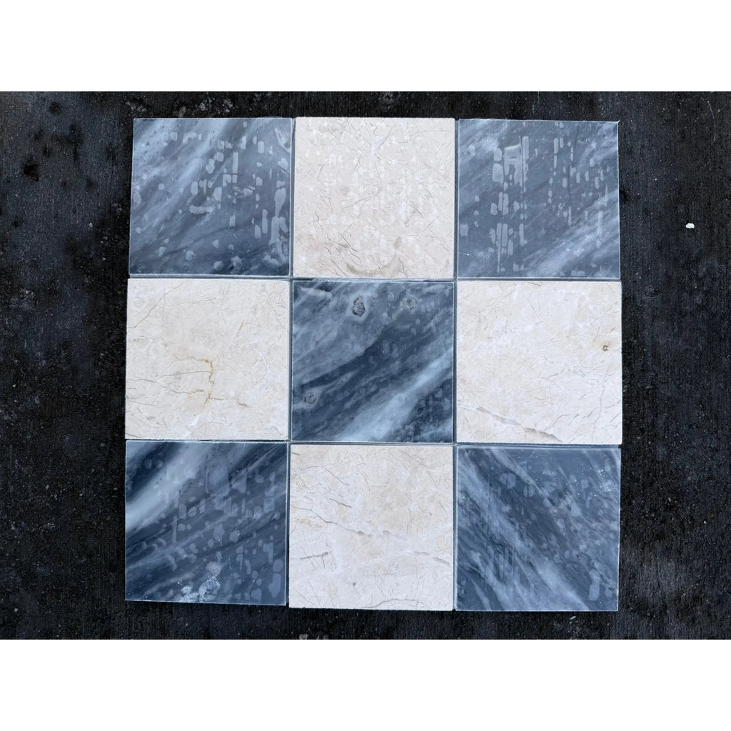 Polished-honed Checkerboard Bardiglio-Crema Marfil marble tiles, 3x3 grid