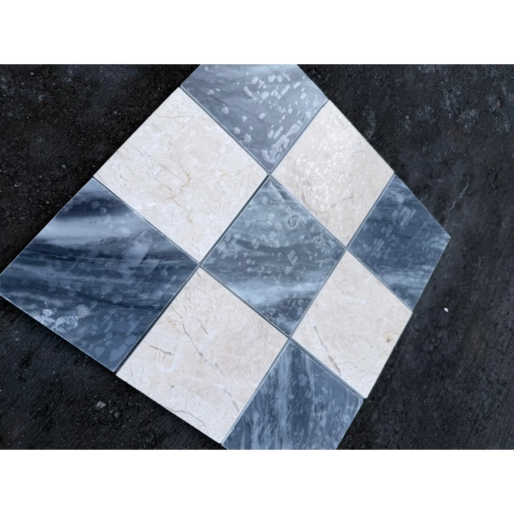 Checkerboard Bardiglio Crema Marfil polished-honed mosaic tile panel