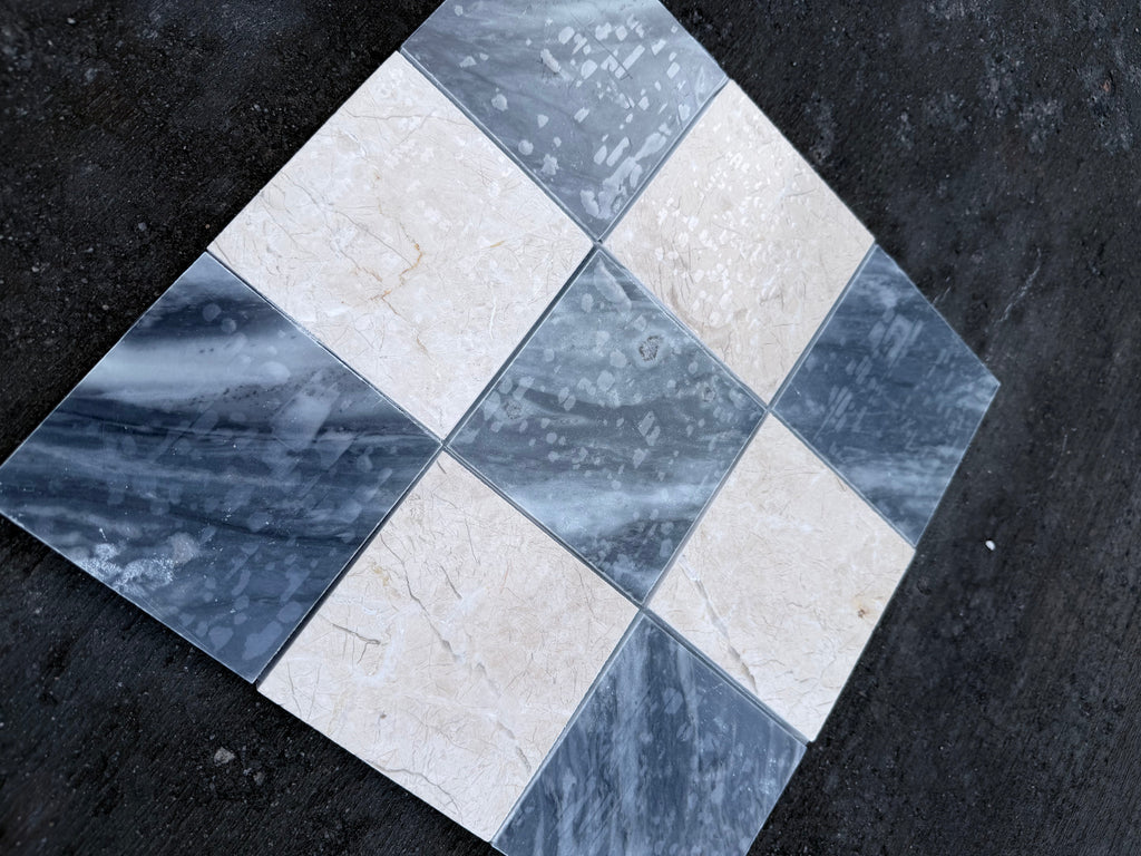 Checkerboard Bardiglio Crema Marfil polished-honed mosaic tile panel