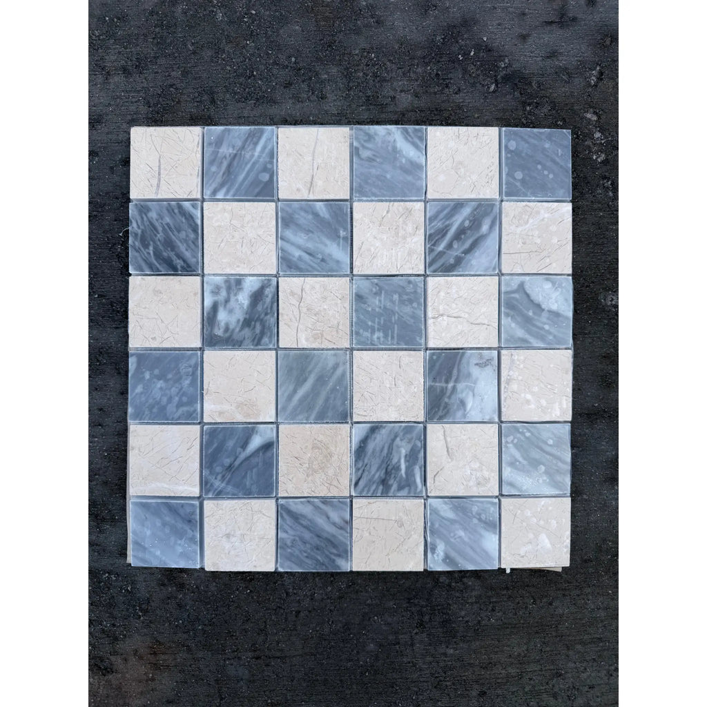 Polished-honed Checkerboard Bardiglio Crema Marfil blue beige marble mosaic tile panel