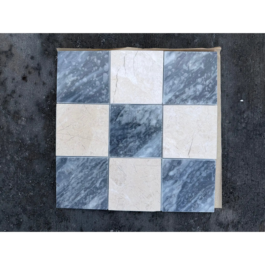 Nine Bardiglio Crema Marfil polished-honed mosaic tiles in checkerboard grid