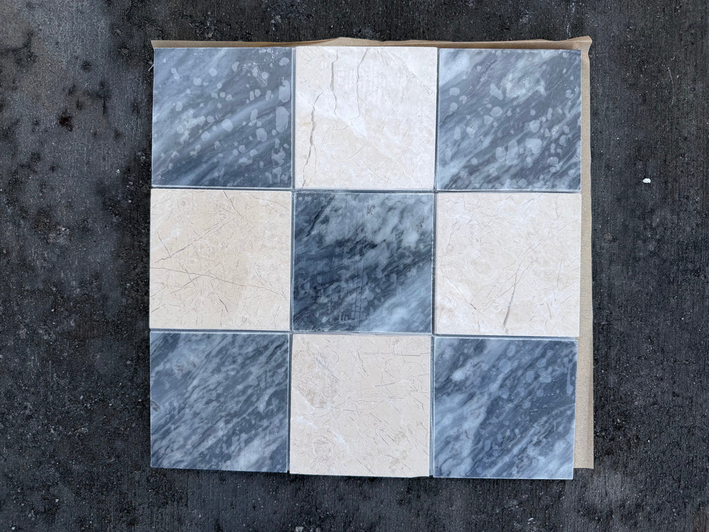 Nine Bardiglio Crema Marfil polished-honed mosaic tiles in checkerboard grid