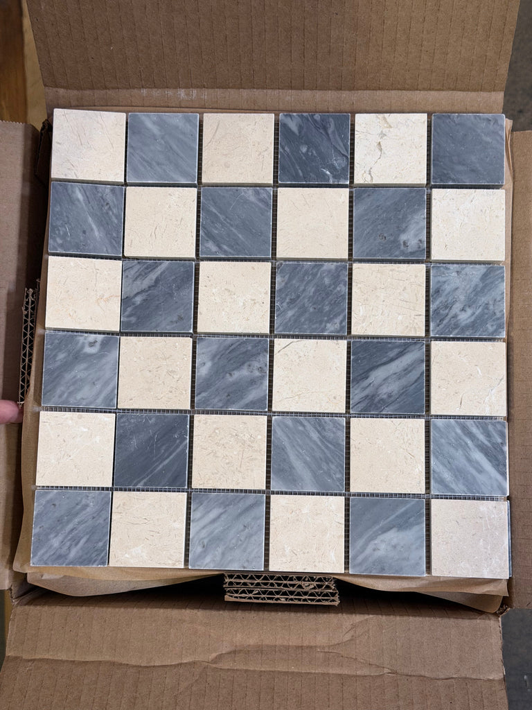 Polished-honed Checkerboard Bardiglio Crema Marfil marble tiles