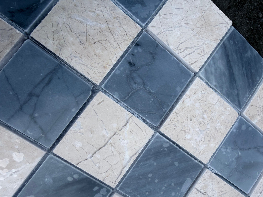 Polished-honed Checkerboard Bardiglio Crema Marfil marble tile floor