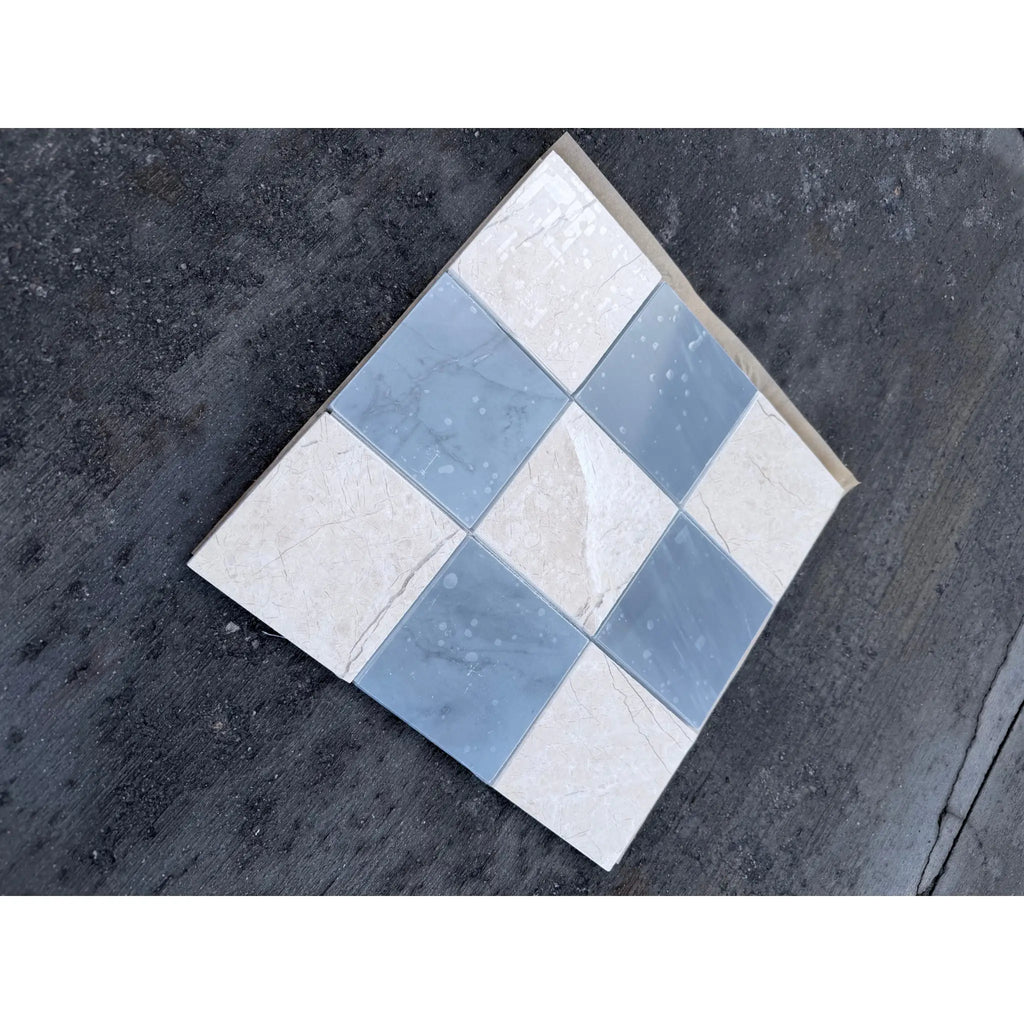 Polished-honed Checkerboard Bardiglio Crema Marfil mosaic tile panel
