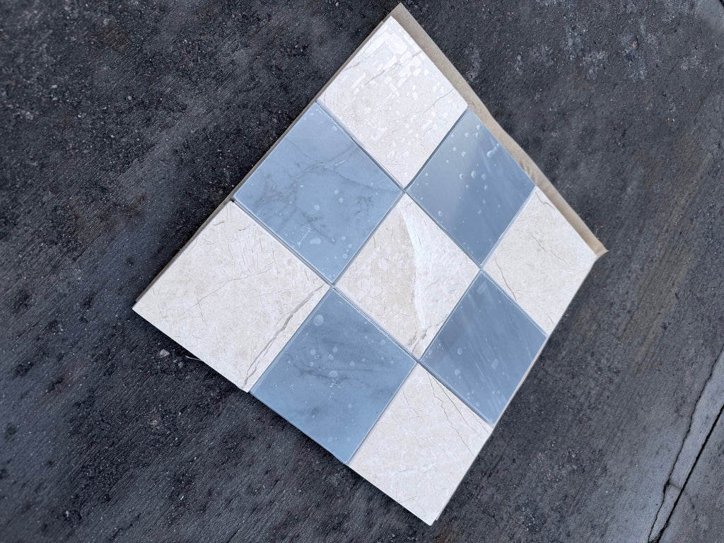 Polished-honed Checkerboard Bardiglio Crema Marfil mosaic tile panel