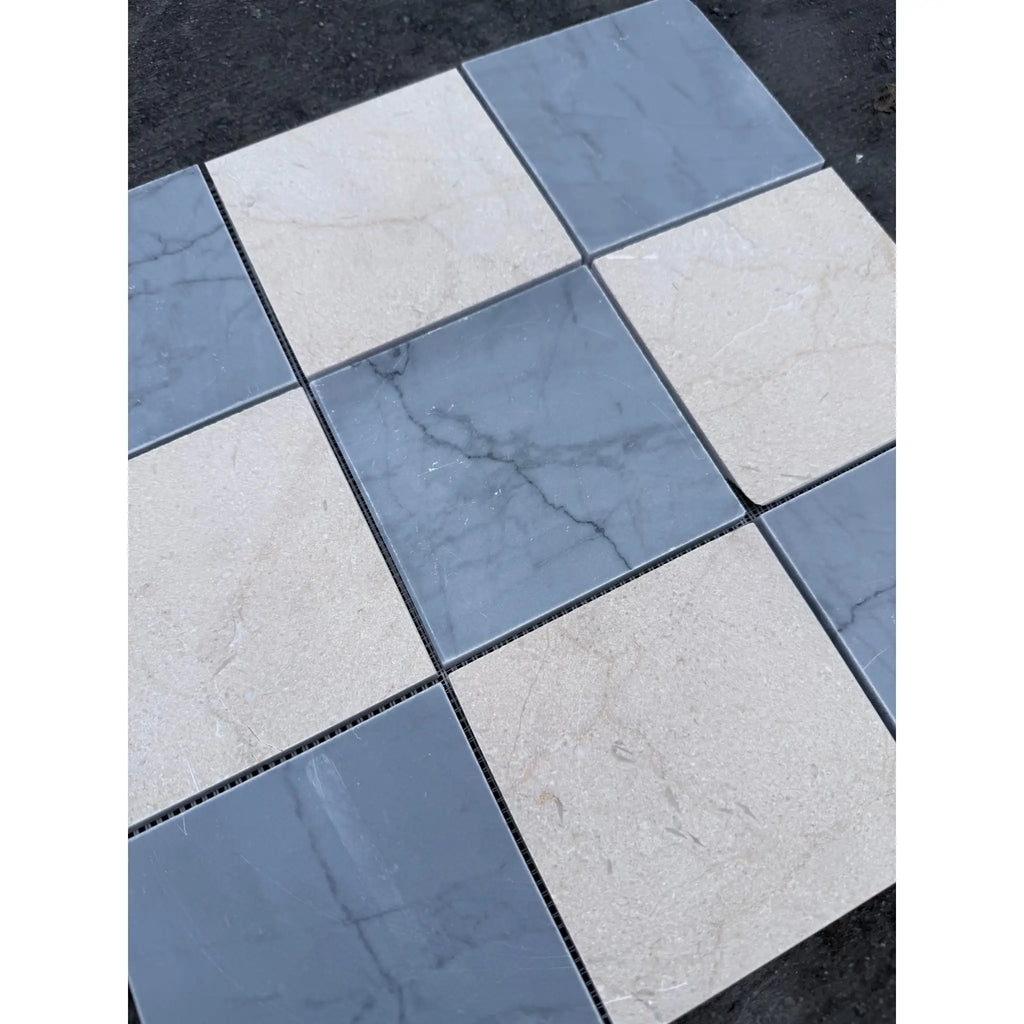 Polished Checkerboard Bardiglio Crema Marfil mosaic tiles in gray beige with marble veining