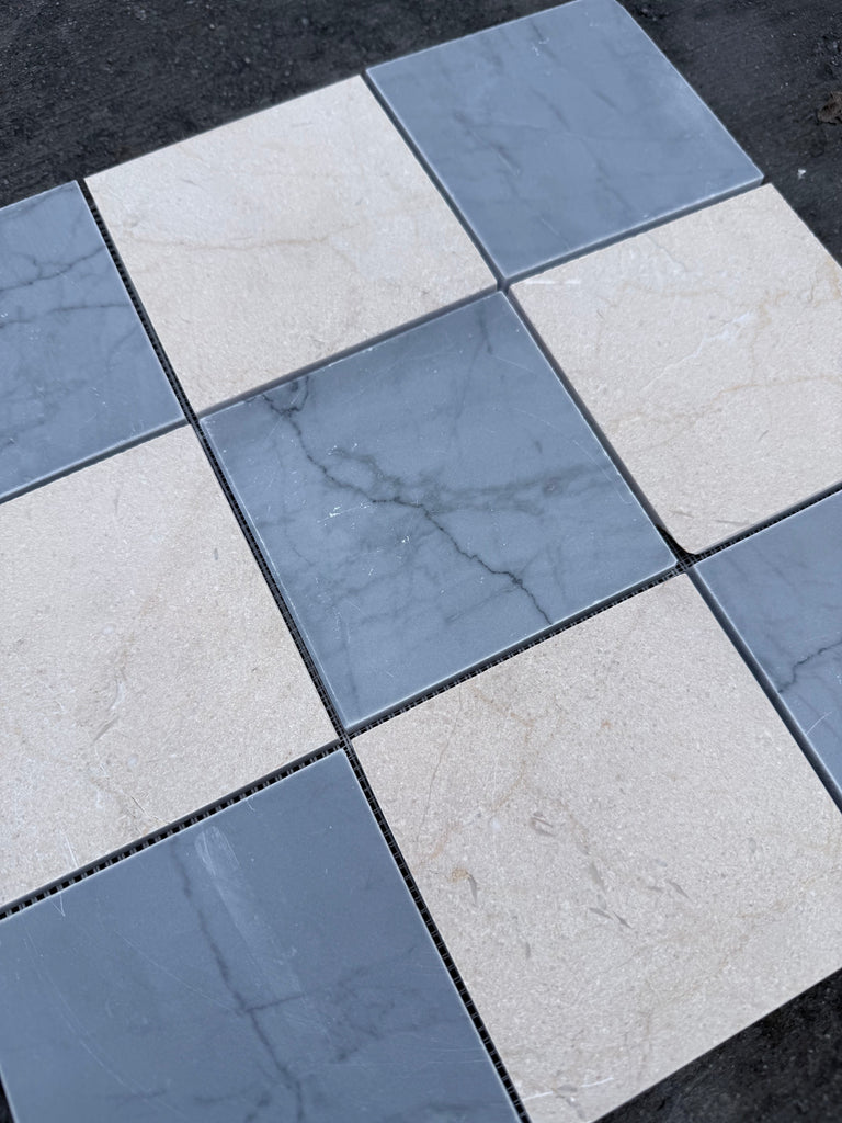 Polished Checkerboard Bardiglio Crema Marfil mosaic tiles in gray beige with marble veining