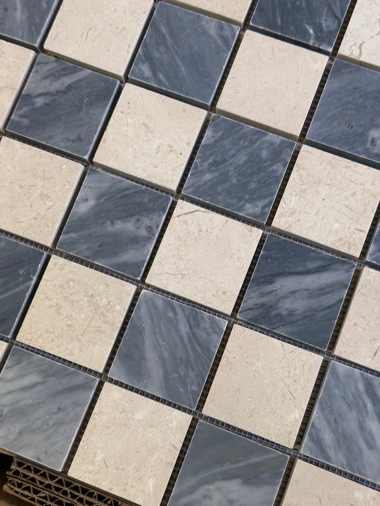 Polished-honed Checkerboard Bardiglio Crema Marfil mosaic tiles in dark gray and beige marble patterns