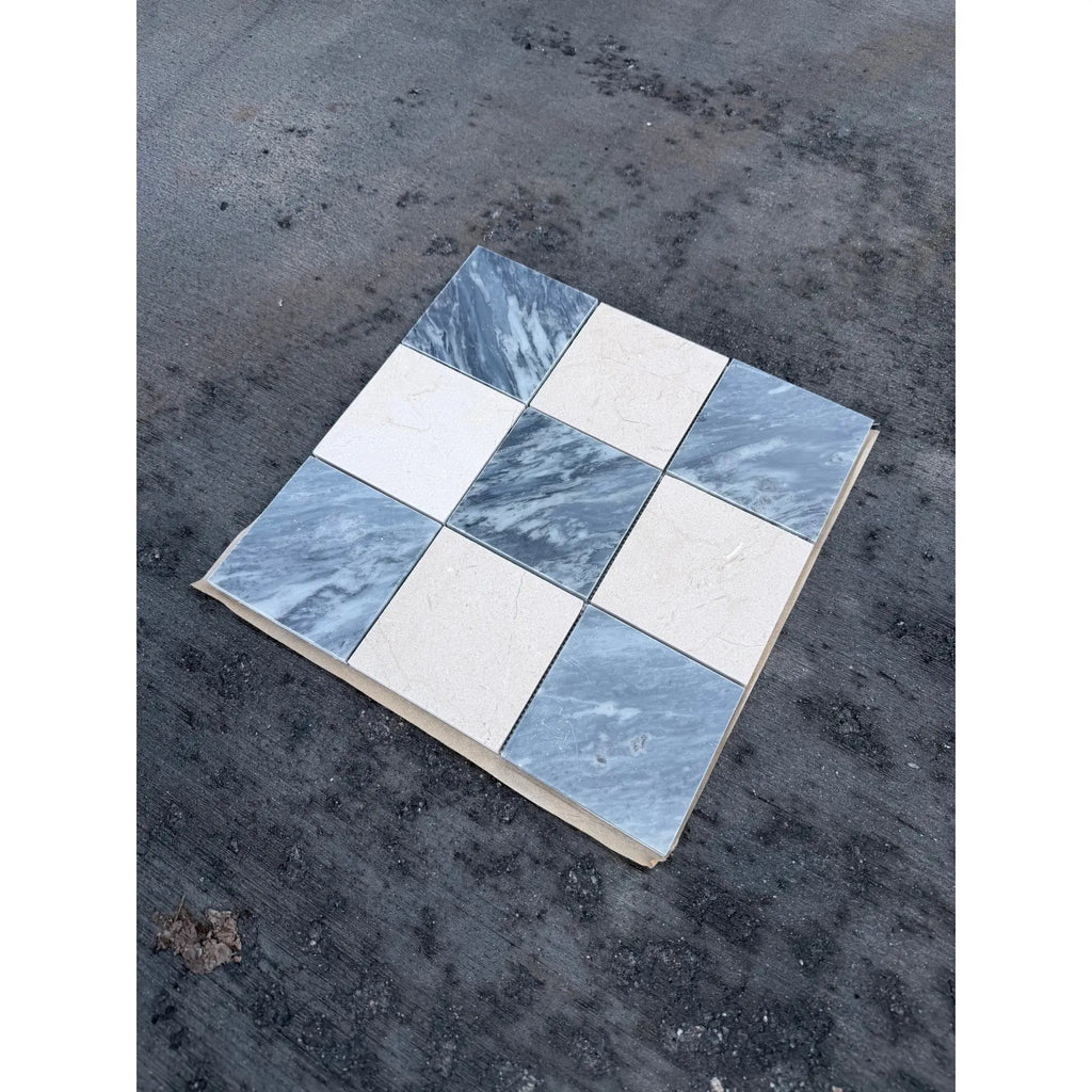 Checkerboard Bardiglio-Crema Marfil polished-honed mosaic tile panel