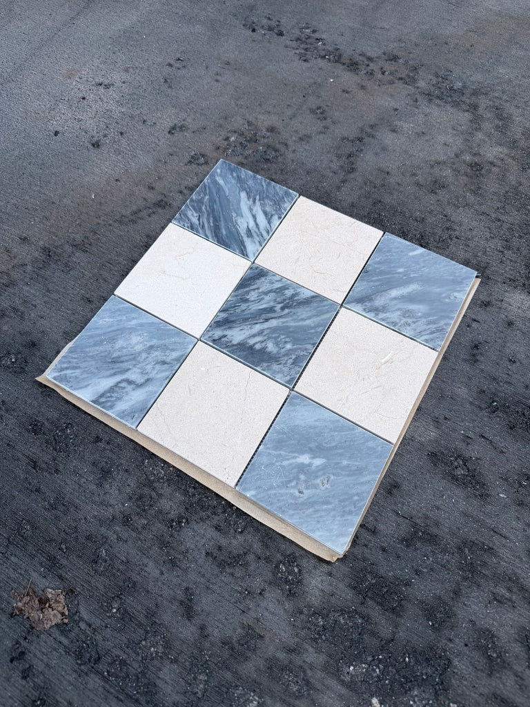 Checkerboard Bardiglio-Crema Marfil polished-honed mosaic tile panel