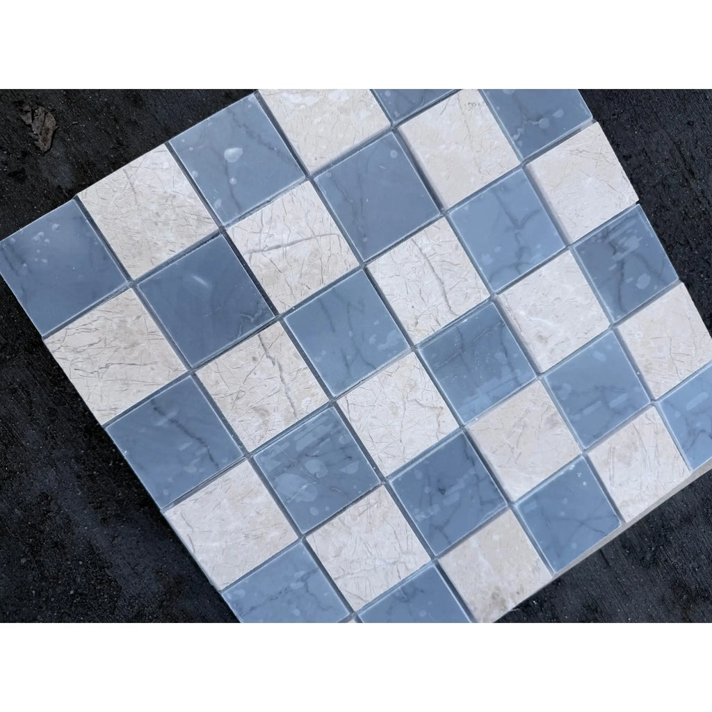 Polished-honed Checkerboard Bardiglio Crema Marfil blue beige marble mosaic tile panel