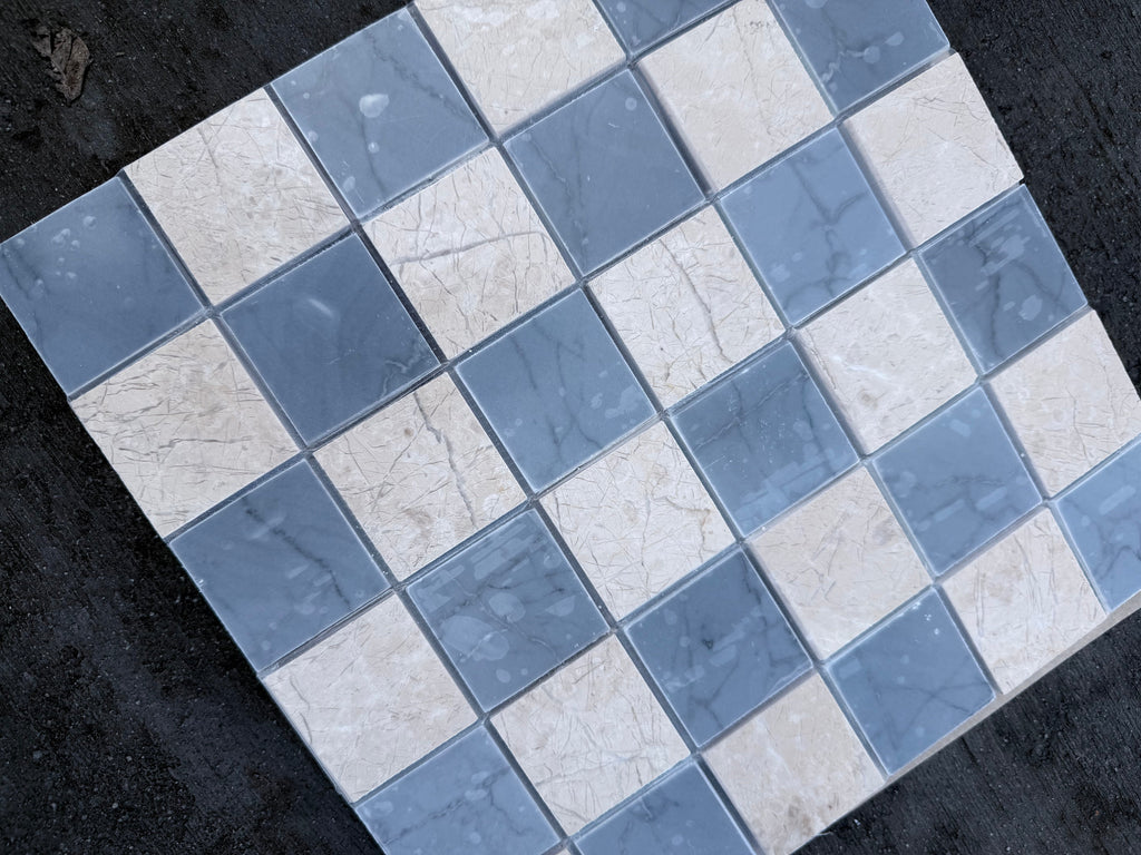 Polished-honed Checkerboard Bardiglio Crema Marfil blue beige marble mosaic tile panel