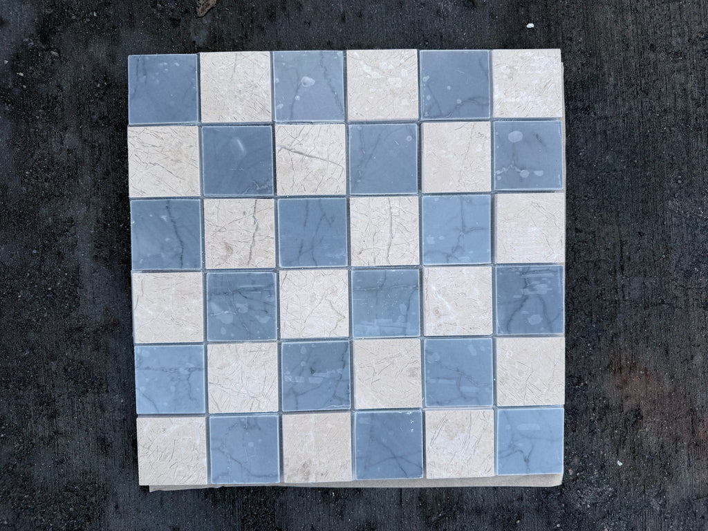 Polished-honed Checkerboard Bardiglio Crema Marfil mosaic tile panel in blue and beige marble effect