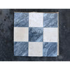 Nine-square Bardiglio Crema Marfil mosaic tile panel in polished-honed blue-gray and beige marble checkerboard pattern