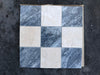 Nine-square Bardiglio Crema Marfil mosaic tile panel in polished-honed blue-gray and beige marble checkerboard pattern
