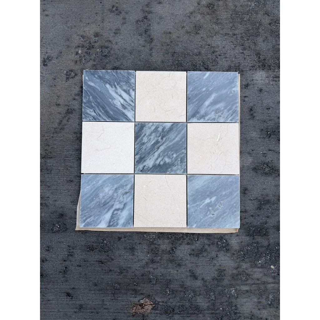 Checkerboard Bardiglio Crema Marfil polished-honed mosaic tile panel