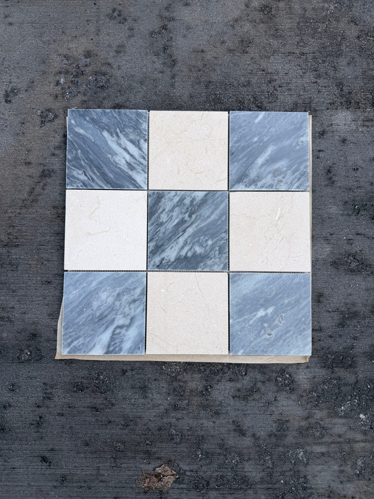 Checkerboard Bardiglio Crema Marfil polished-honed mosaic tile panel