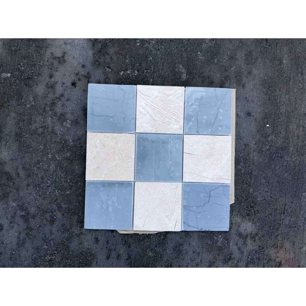 Checkerboard Bardiglio Crema Marfil polished-honed blue white mosaic tile 3x3 grid