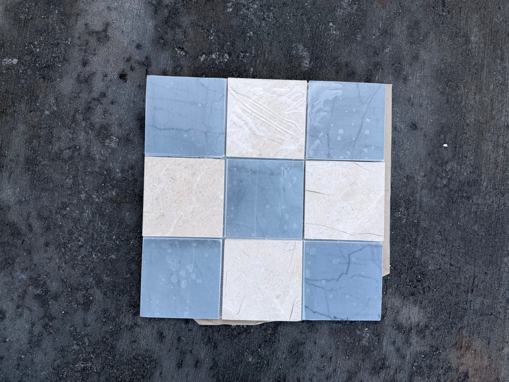Checkerboard Bardiglio Crema Marfil polished-honed blue white mosaic tile 3x3 grid
