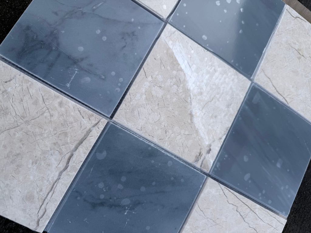 Polished-honed Bardiglio Crema Marfil checkerboard mosaic tiles