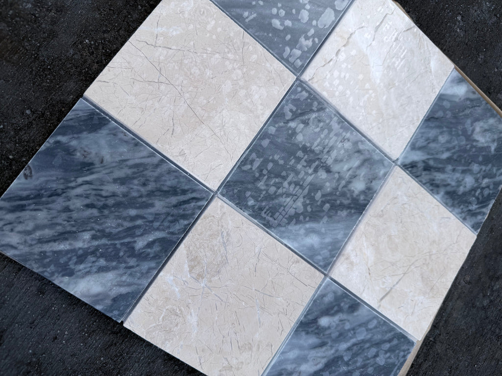 Polished-honed Checkerboard Bardiglio Crema Marfil mosaic tile panel
